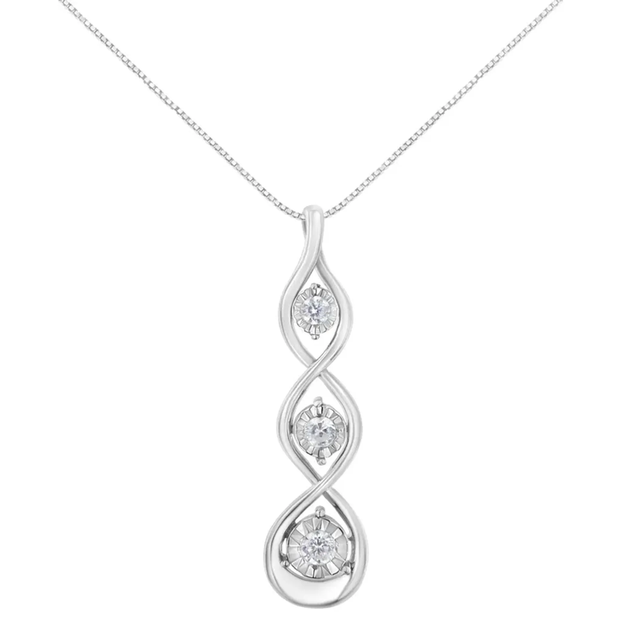 10K White Gold 1/4 cttw 3-Stone Diamond Drop Twisted Pendant Necklace (I-J, I2-I3)