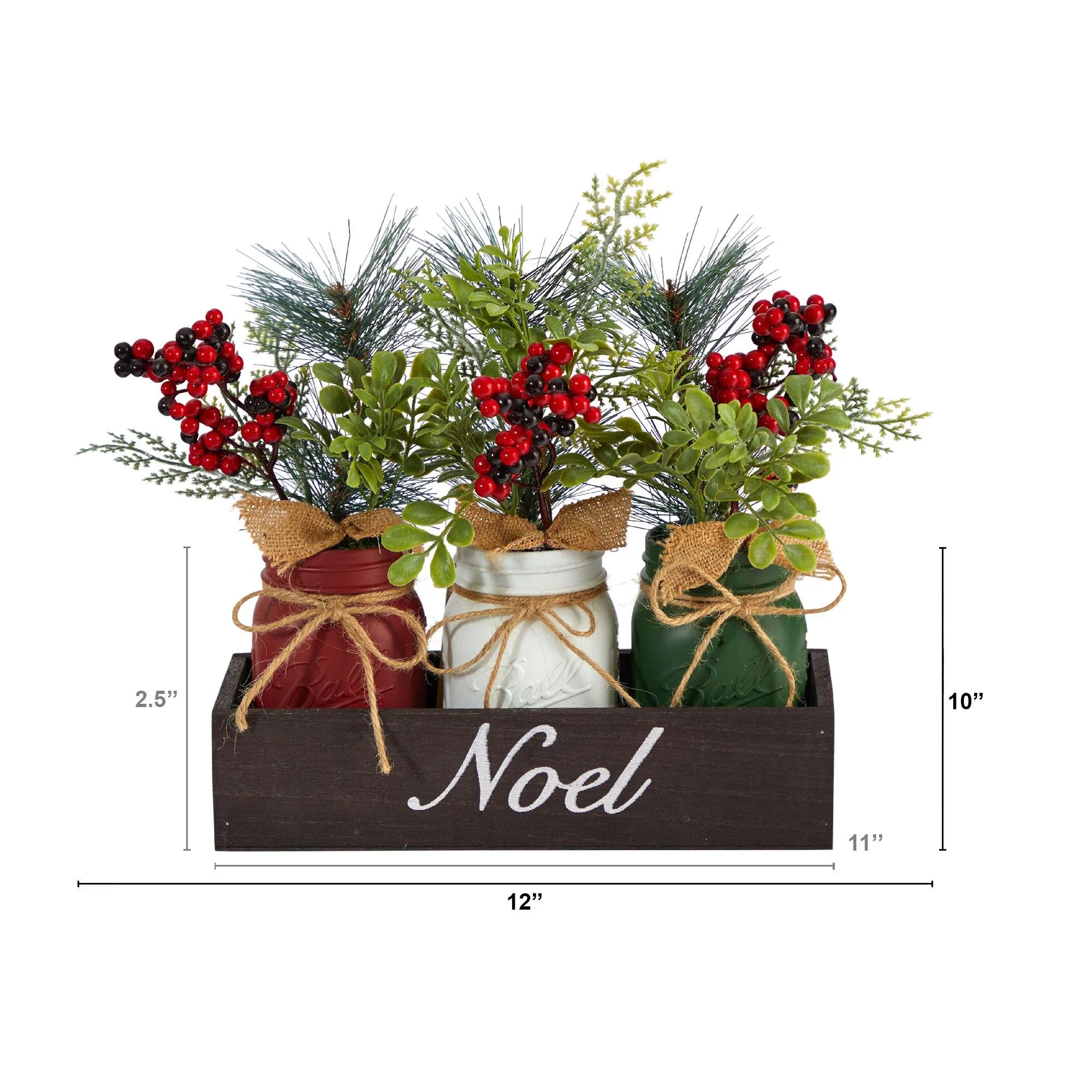 12” Holiday Winter Pine and Berries Three Piece Mason Jar “Noel” Table Christmas Arrangement Décor