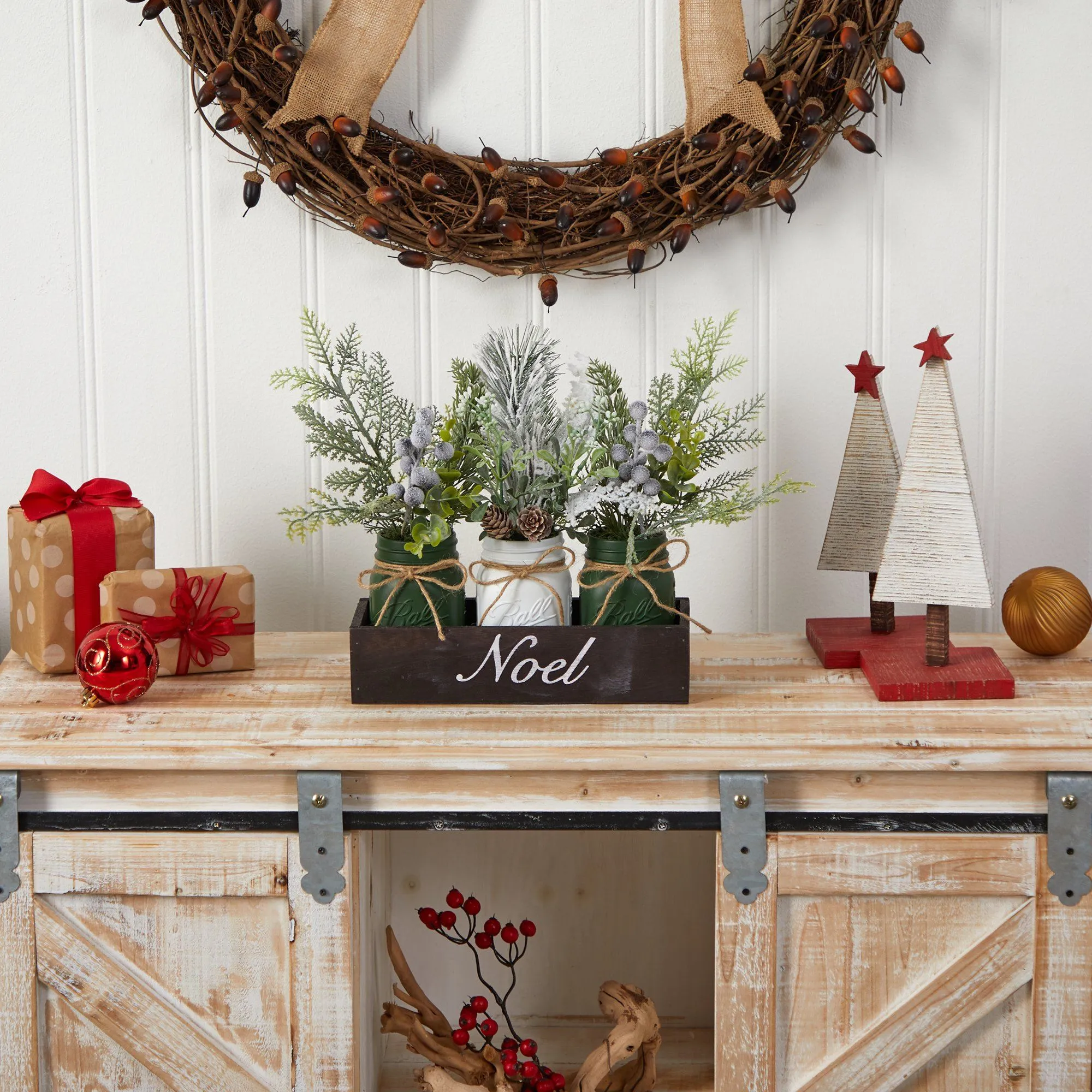 12” Holiday Winter Pine, Berries and Pine Cone Three Piece Mason Jar “Noel” Table Arrangement Décor