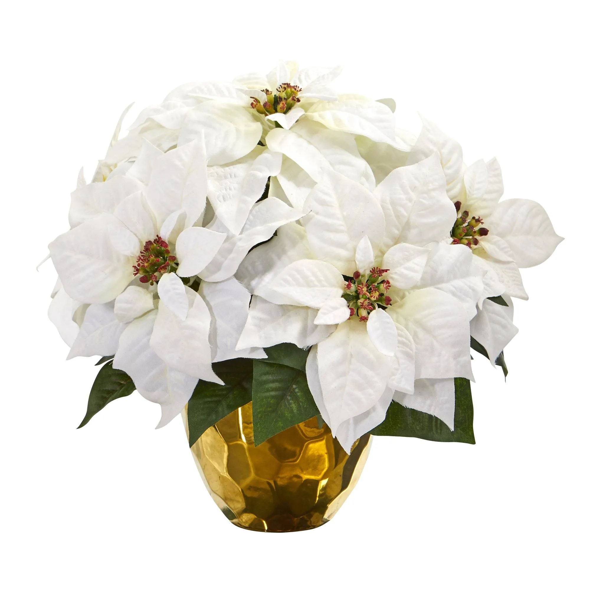 13” Poinsettia Artificial Arrangement in Designer Gold Vase