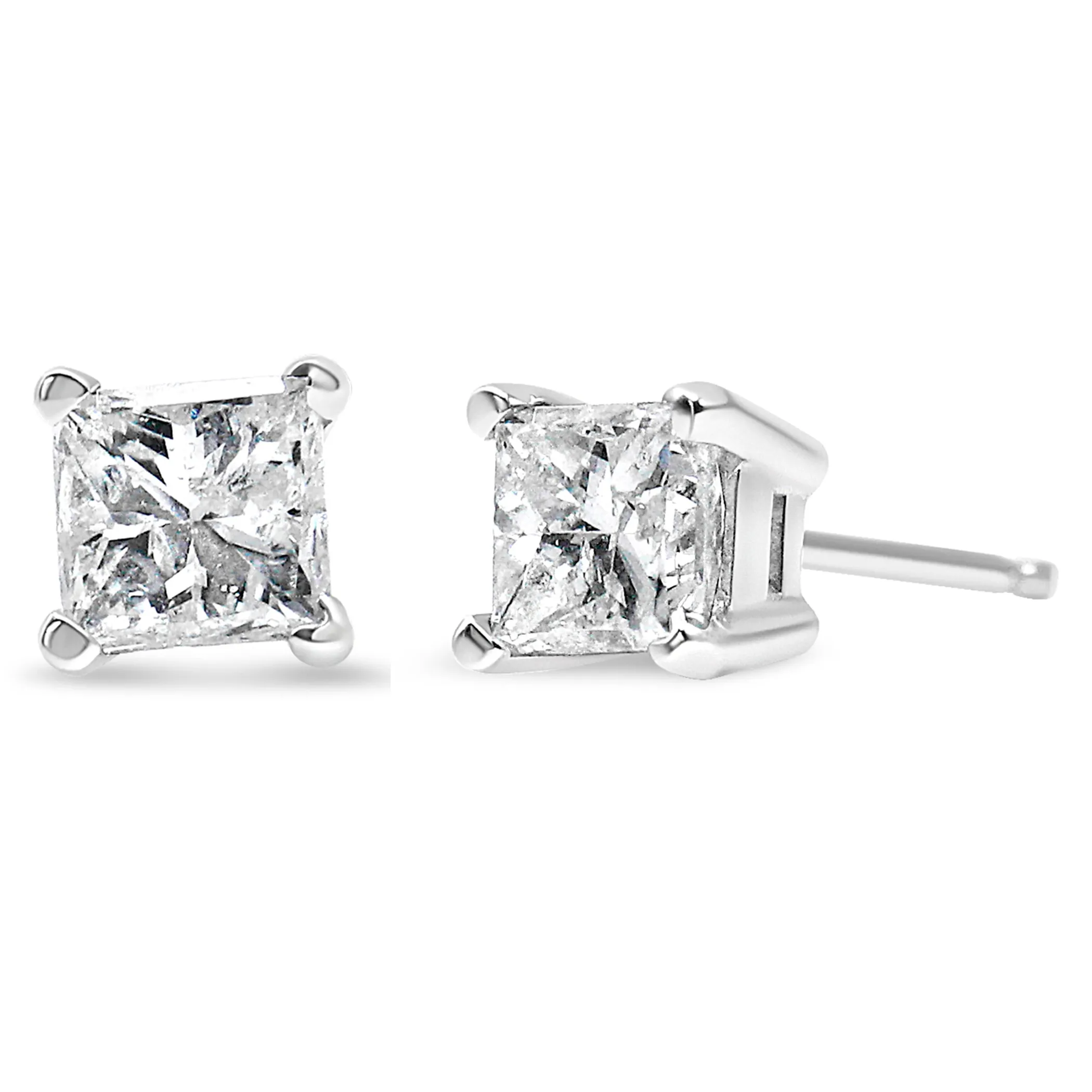 14K White Gold 3/8 Cttw Princess-Cut Square Diamond Classic 4-Prong Solitaire Stud Earrings(H-I, I1-I2)