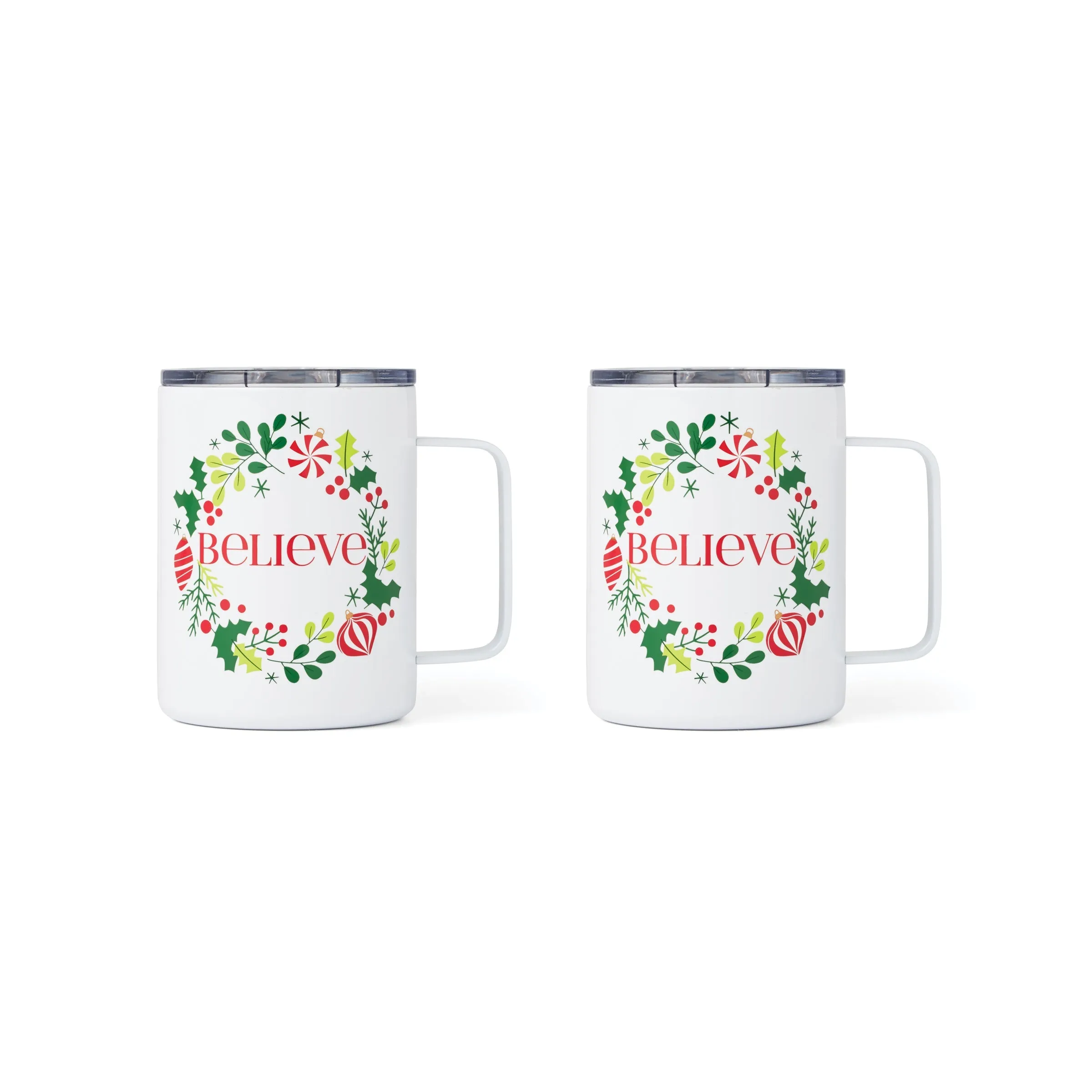 16 Oz "Believe" Wreath Coffee Mugs, Set Of 2