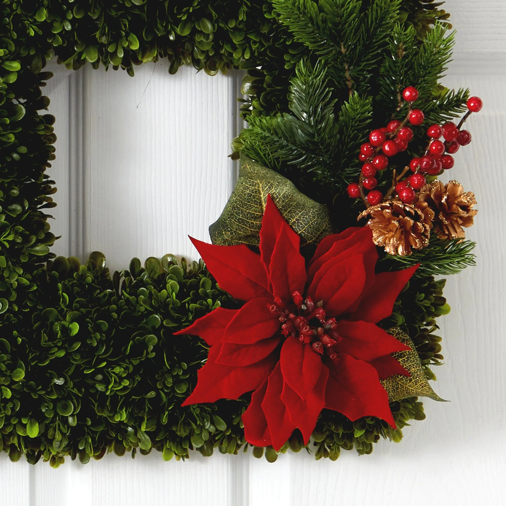 16” Tea Leaf and Poinsettia Artificial Square Wreath