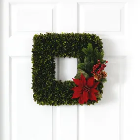 16” Tea Leaf and Poinsettia Artificial Square Wreath