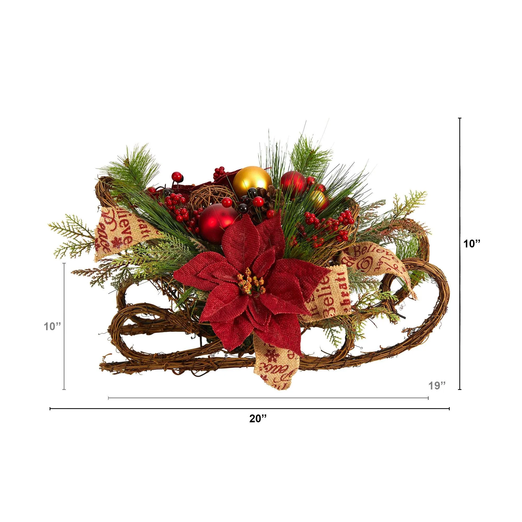 18” Christmas Sleigh with Poinsettia, Berries and Pinecone Artificial Arrangement with Ornaments