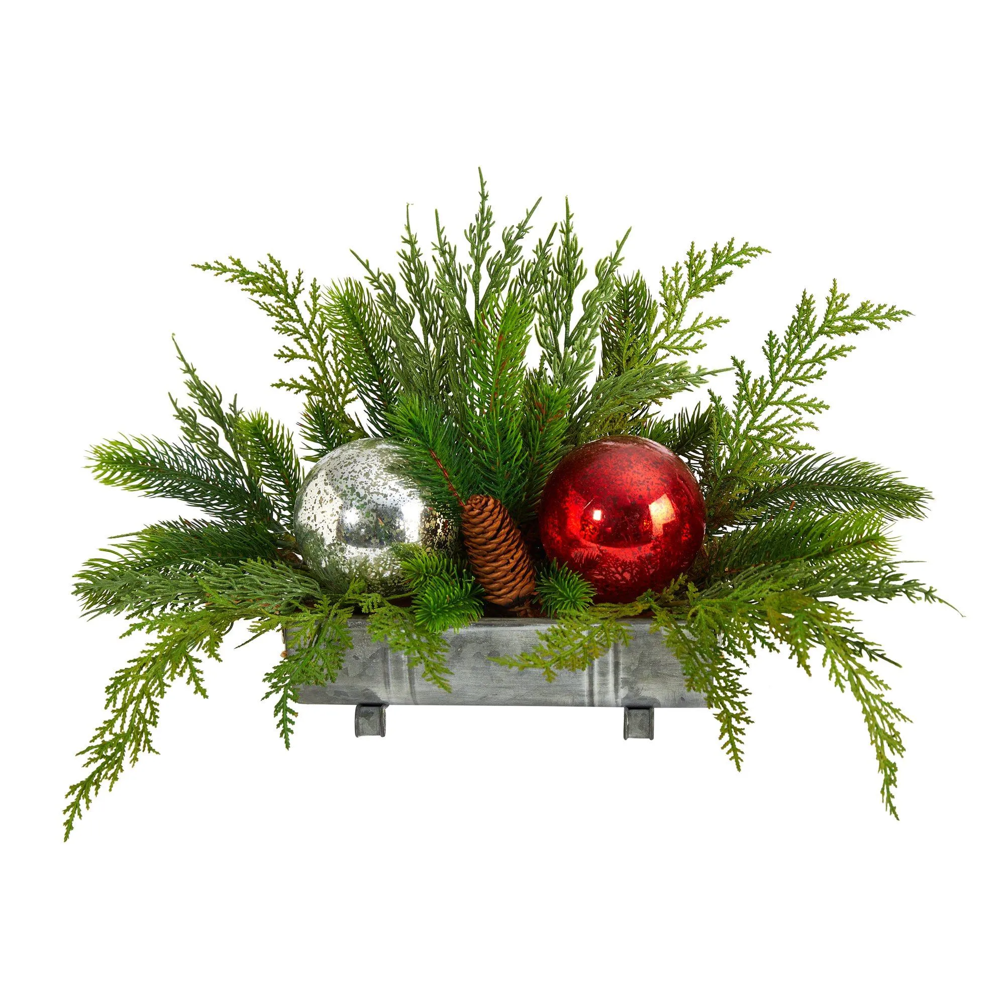 18" Holiday Winter Cedar Pine Artificial Table Christmas Arrangement with Ornaments, Home Décor"