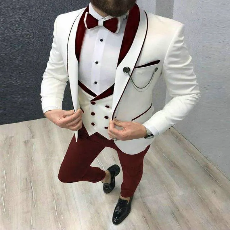 2020 Men's Suit Fashion Formal Business Slim Fit 3-Pieces White Blazers Burgundy Pant Men's Tuxedo Wedding Men Suits Groom Suit