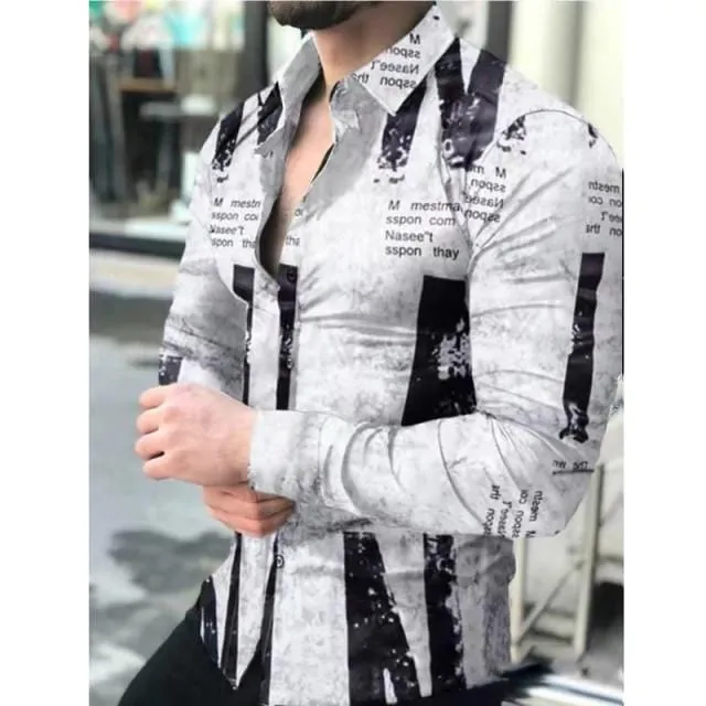 2021 Men's Slim Shirt Autumn Casual Turn-down Collar Streetwear Fashion Together Printed Long Sleeve Oversize Shirt For Men Top