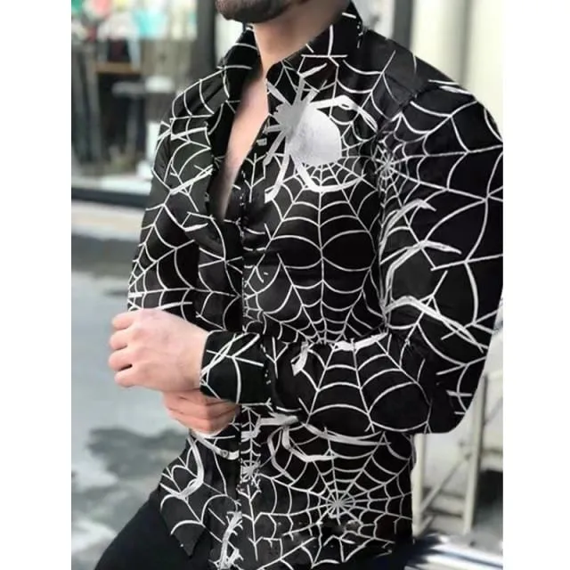 2021 Men's Slim Shirt Autumn Casual Turn-down Collar Streetwear Fashion Together Printed Long Sleeve Oversize Shirt For Men Top