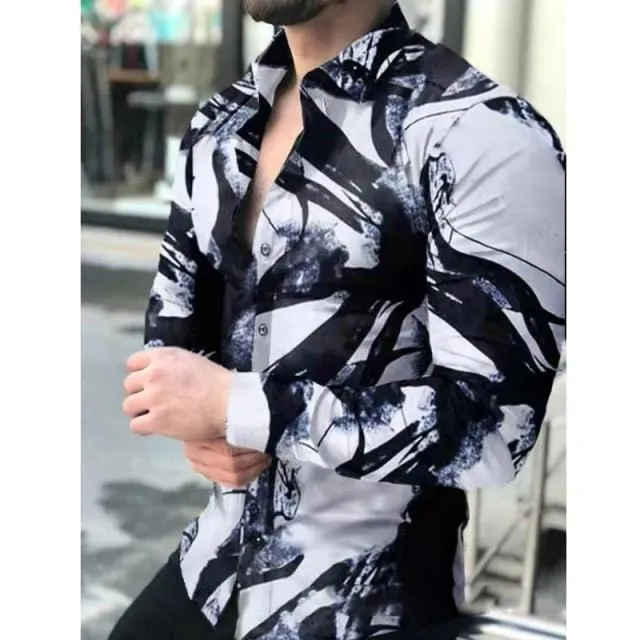 2021 Men's Slim Shirt Autumn Casual Turn-down Collar Streetwear Fashion Together Printed Long Sleeve Oversize Shirt For Men Top