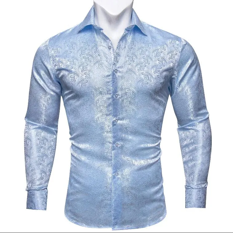 2pcs Bundles Deal Fashin Blue Paisley Silk Men's Long Sleeve Shirt