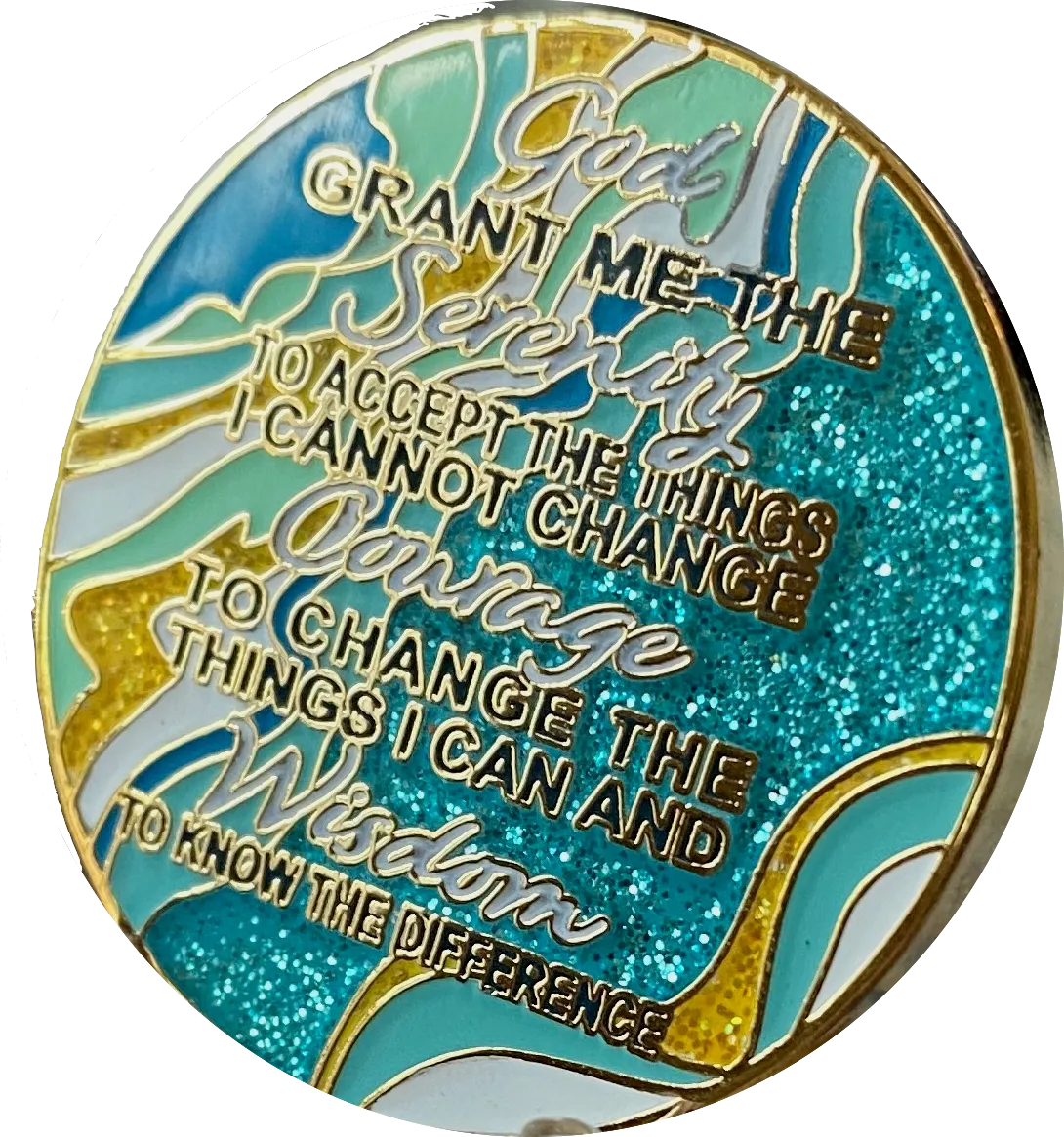 8 Year AA Medallion Elegant Caribbean Aqua Glitter Teal Marble Gold Sobriety Chip