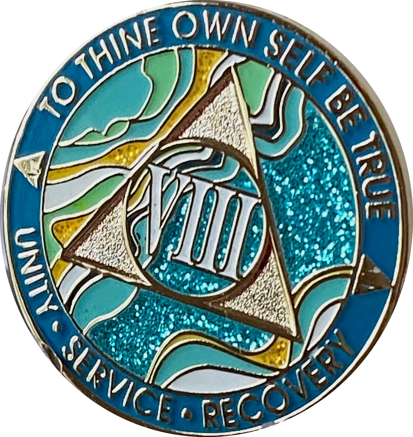 8 Year AA Medallion Elegant Caribbean Aqua Glitter Teal Marble Gold Sobriety Chip