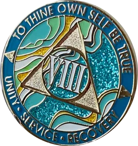 8 Year AA Medallion Elegant Caribbean Aqua Glitter Teal Marble Gold Sobriety Chip