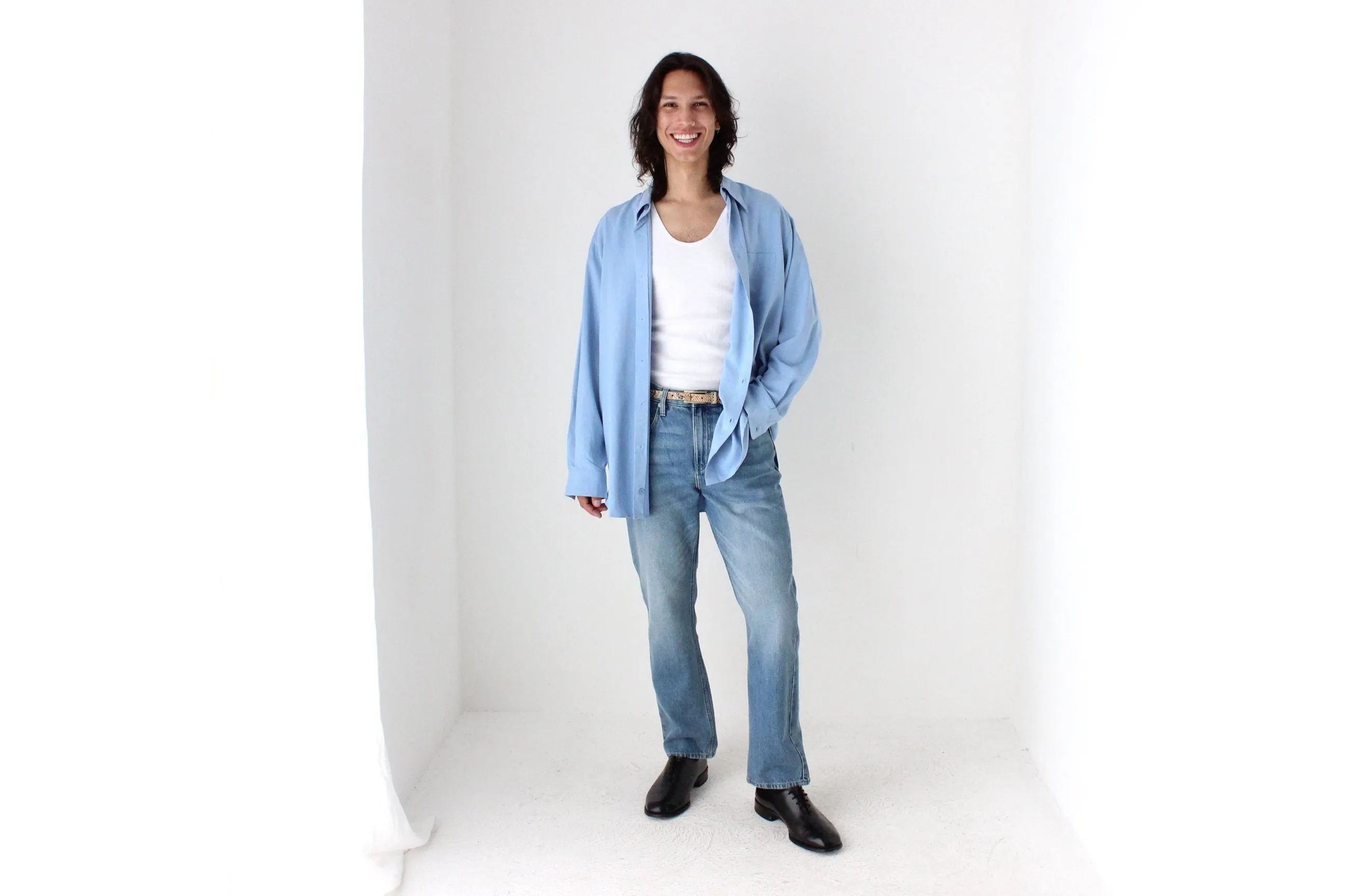 90s PURE FUJI SILK Relaxed Shirt in Sky Blue