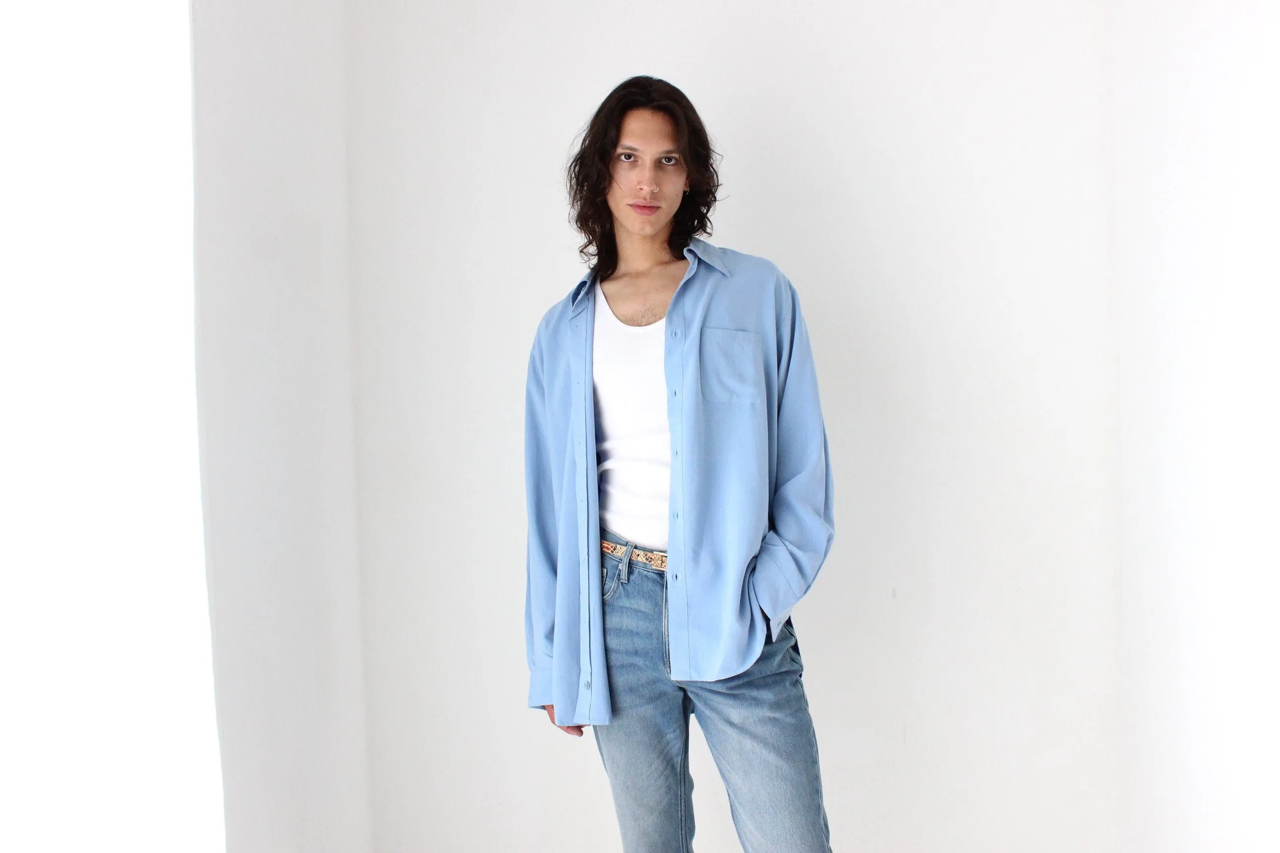 90s PURE FUJI SILK Relaxed Shirt in Sky Blue