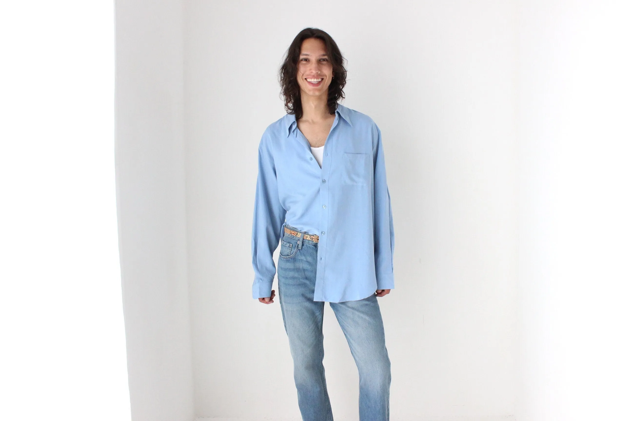 90s PURE FUJI SILK Relaxed Shirt in Sky Blue