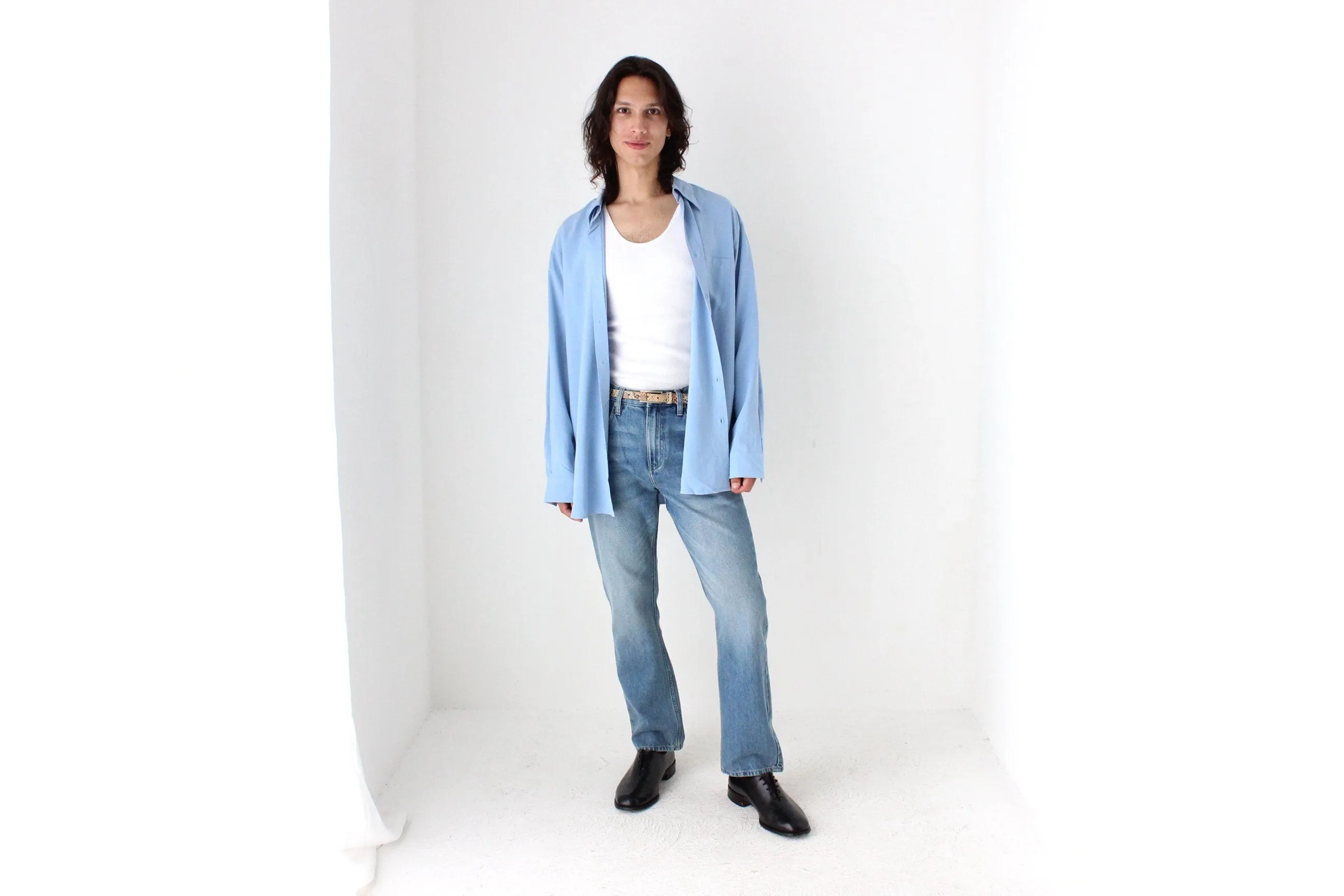 90s PURE FUJI SILK Relaxed Shirt in Sky Blue