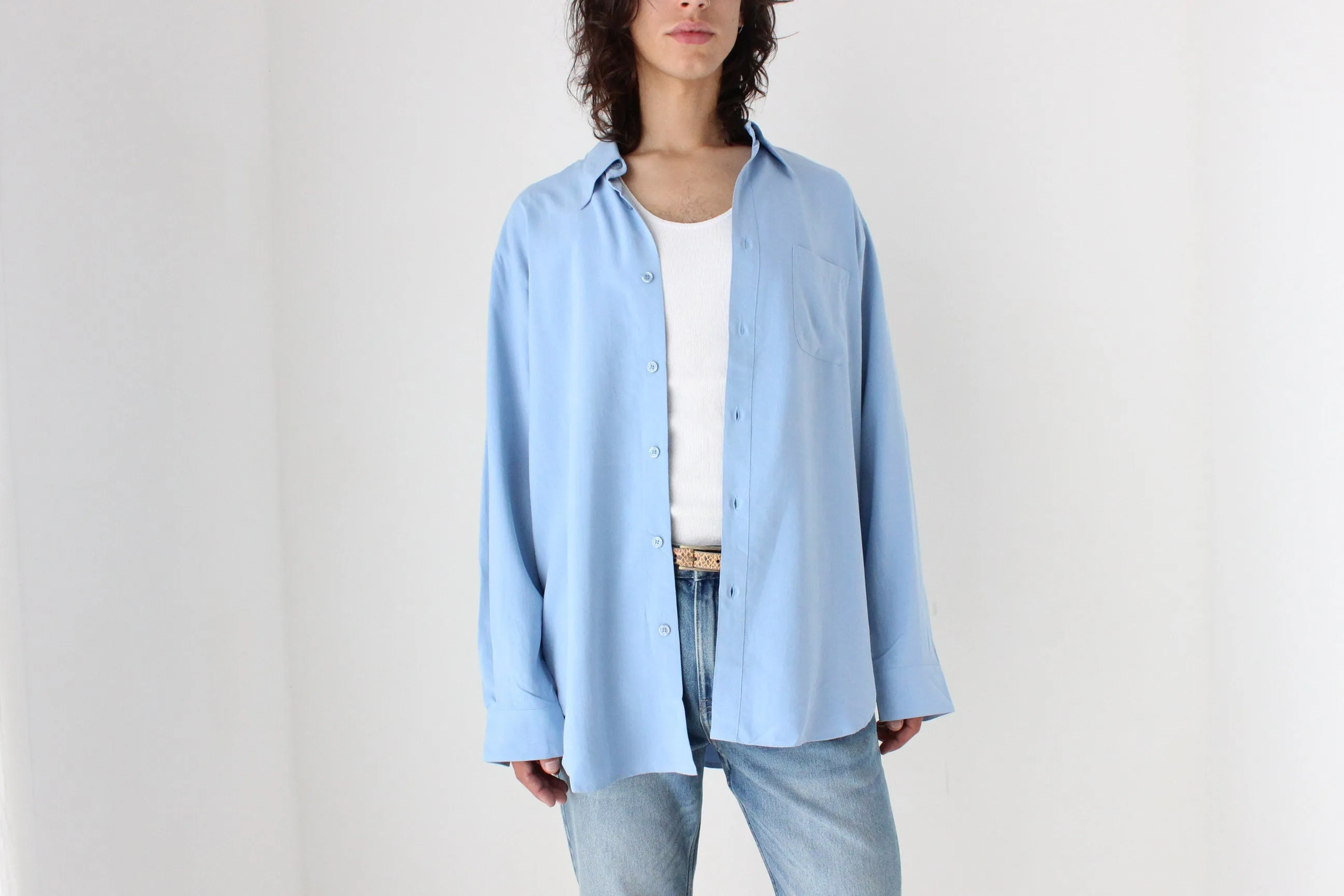 90s PURE FUJI SILK Relaxed Shirt in Sky Blue