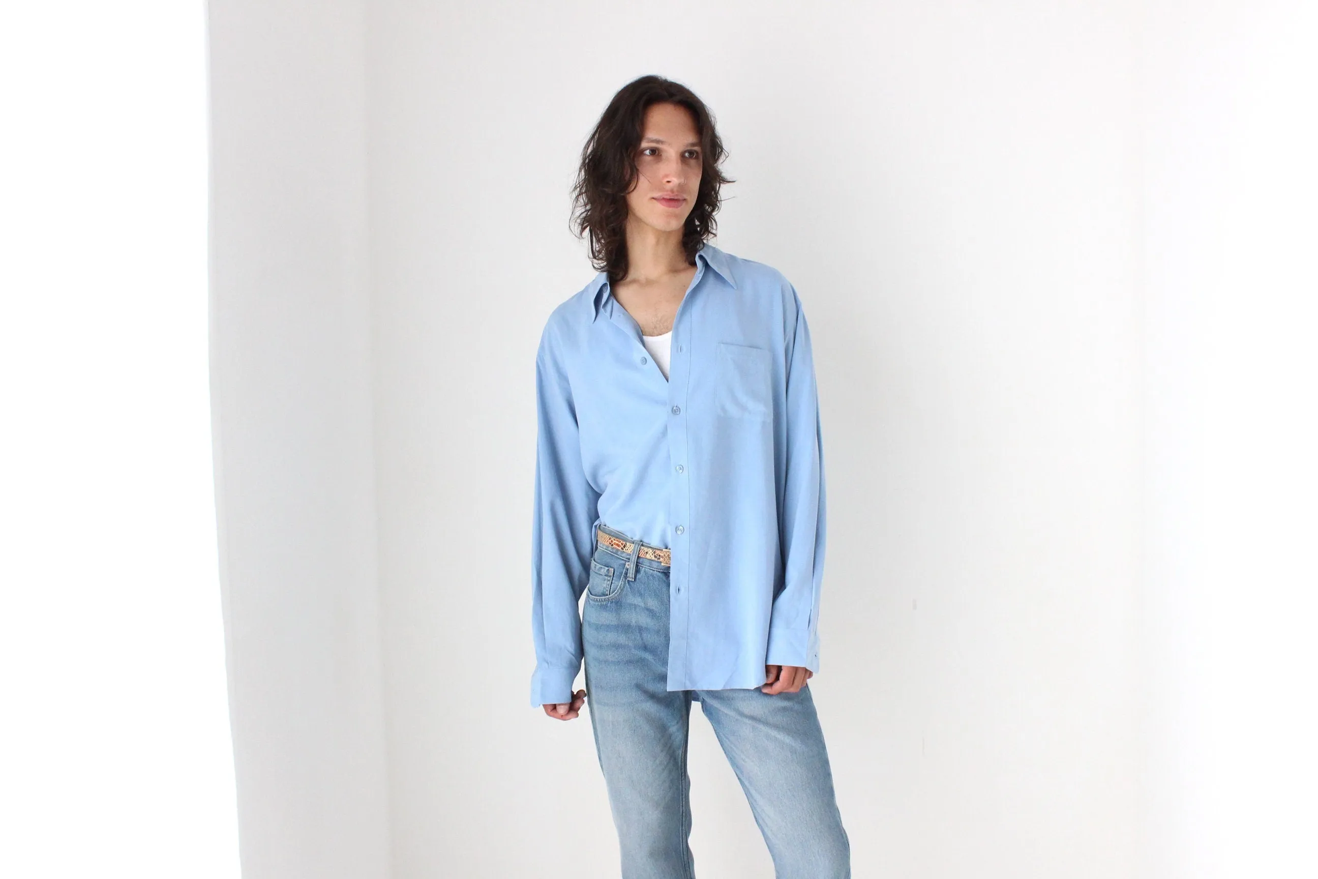 90s PURE FUJI SILK Relaxed Shirt in Sky Blue