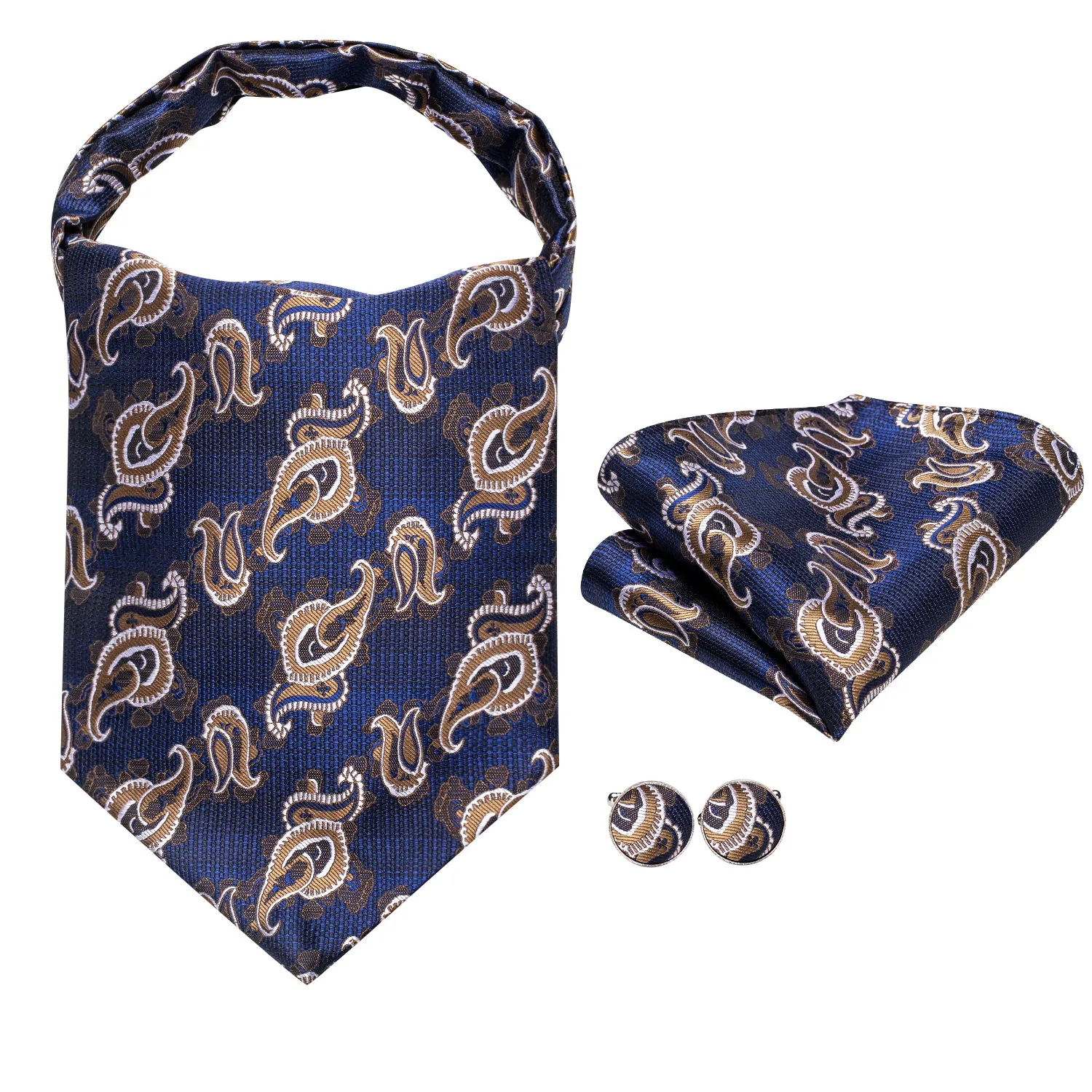 $9.99 Blue Champagne Paisley Silk Ascot Tie Pocket Square Cufflinks Set