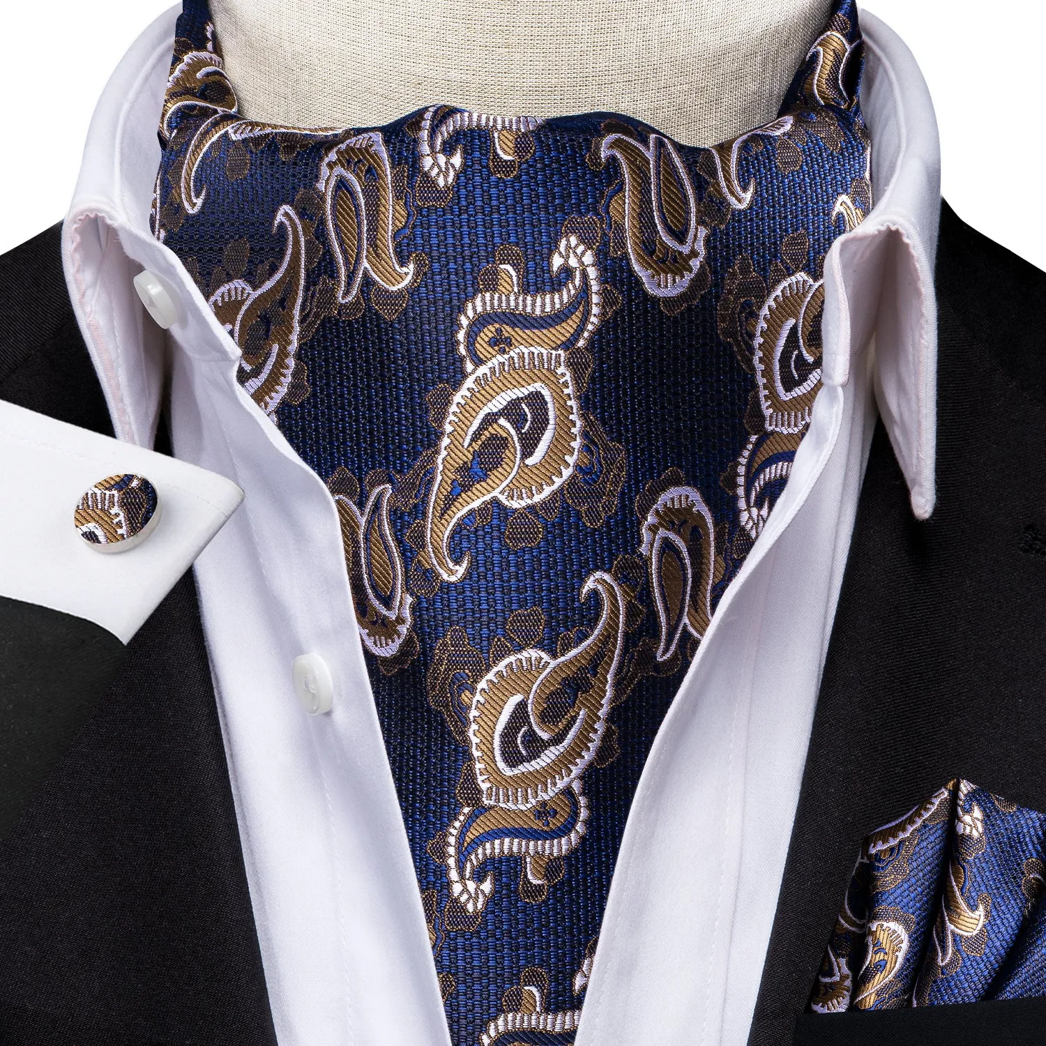 $9.99 Blue Champagne Paisley Silk Ascot Tie Pocket Square Cufflinks Set