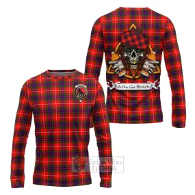 Abernethy Tartan Long Sleeve T-Shirt with Family Crest and Bearded Skull Holding Bottles of Whiskey