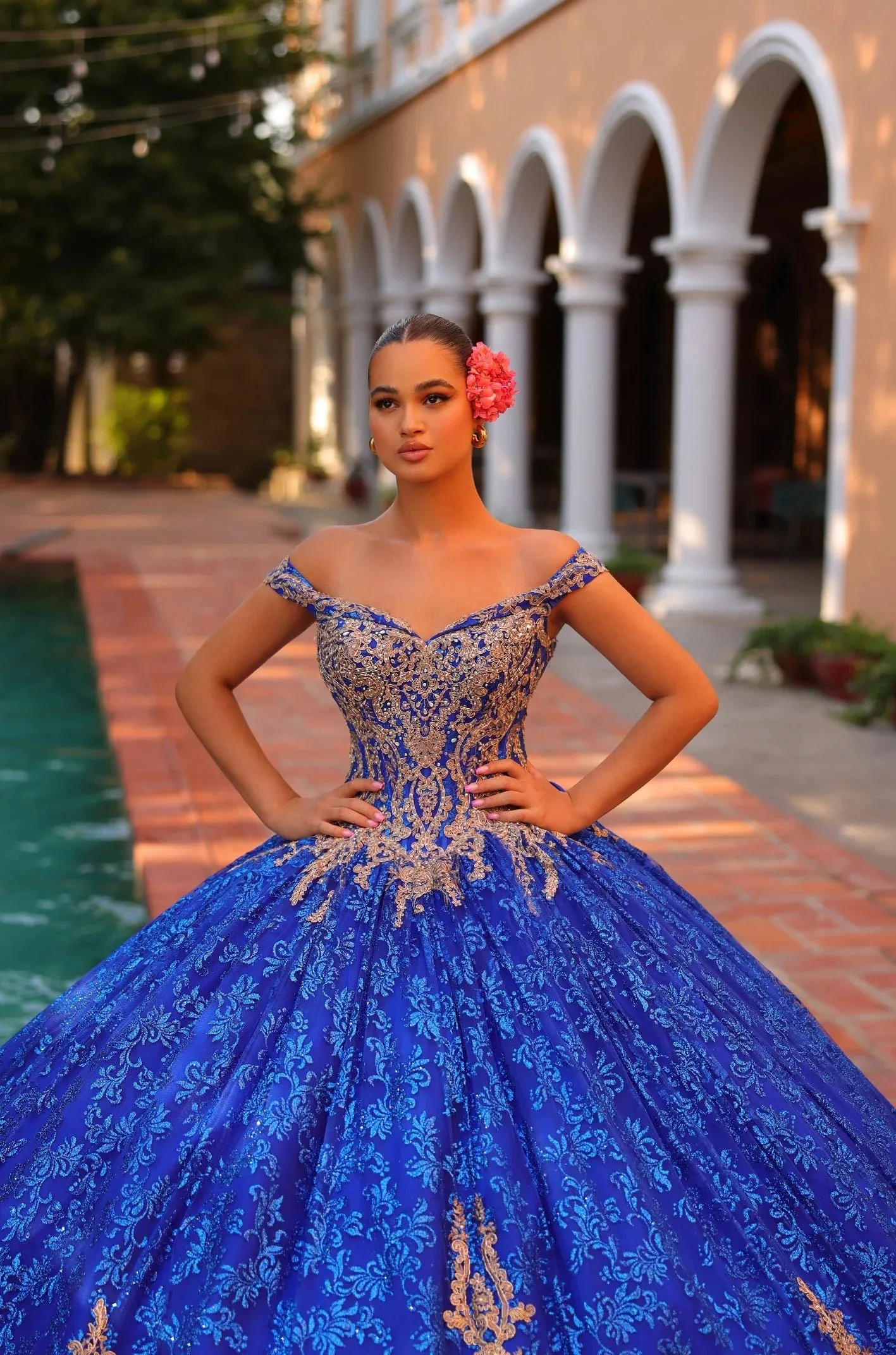 Amarra 54324 Quinceanera Dress Glitter Hooded Cape Corset Party Ball Gown Train Bow