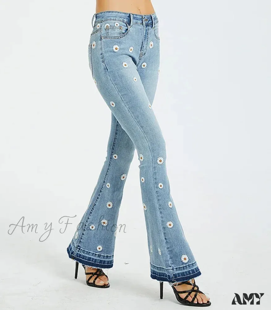 Amy Fashion - Elastic Flower Embroidered Flare Womens Vintage Skinny Spring Autumn Denim Retro Style Bell Bottom Jean