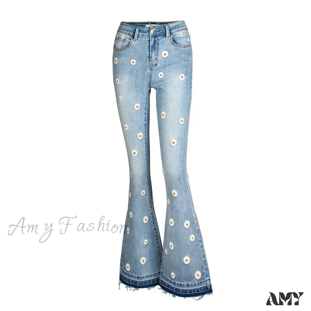 Amy Fashion - Elastic Flower Embroidered Flare Womens Vintage Skinny Spring Autumn Denim Retro Style Bell Bottom Jean