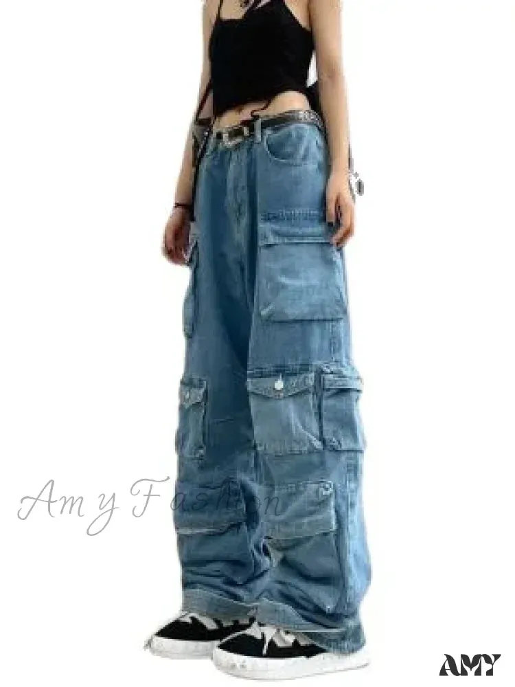 Amy Fashion - Streetwear Loose Oversized Straight-Leg Multi-Pocket Washed Cargo New Heavy Industry Y2K Vintage Jean