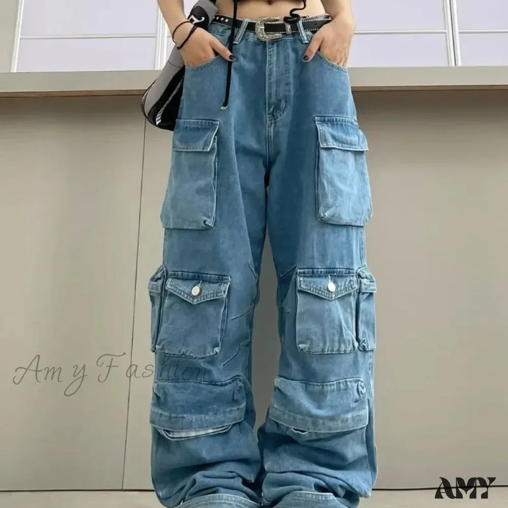 Amy Fashion - Streetwear Loose Oversized Straight-Leg Multi-Pocket Washed Cargo New Heavy Industry Y2K Vintage Jean