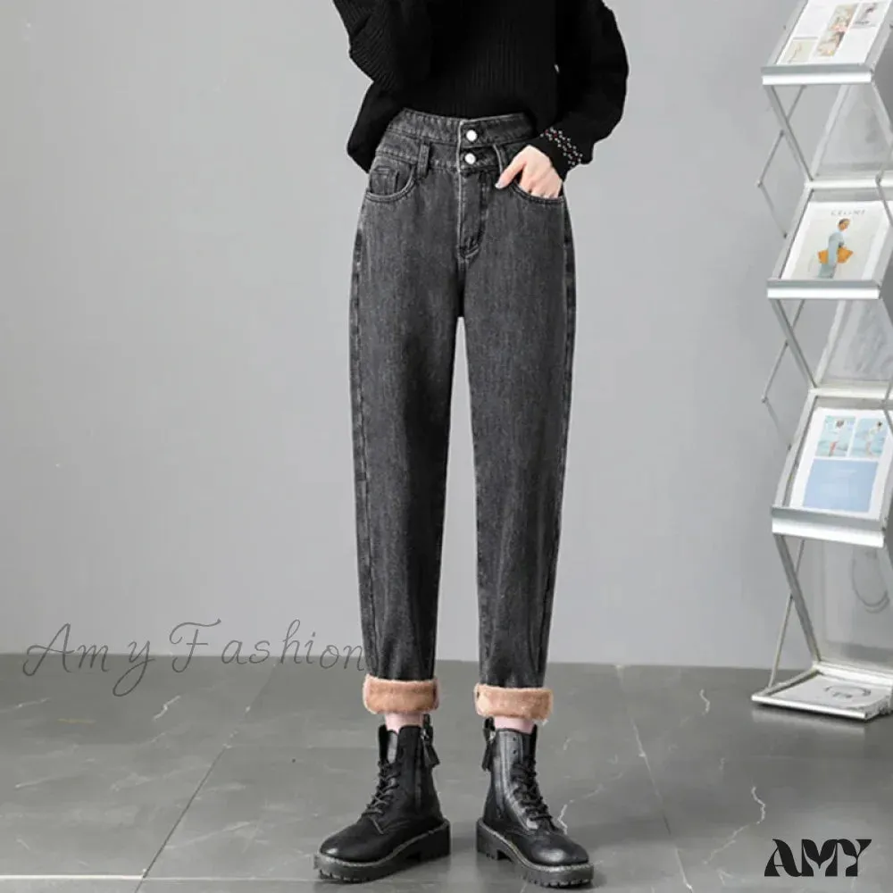 Amy Fashion - Warm Harem Thicken High Waist Vintage Loose Wide-leg Fleece Denim Jean