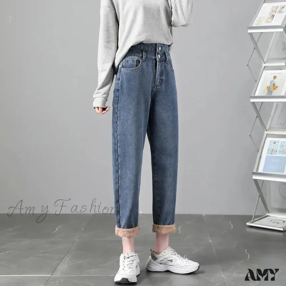 Amy Fashion - Warm Harem Thicken High Waist Vintage Loose Wide-leg Fleece Denim Jean