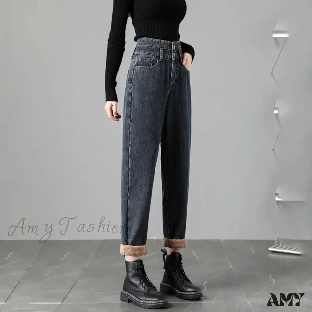 Amy Fashion - Warm Harem Thicken High Waist Vintage Loose Wide-leg Fleece Denim Jean