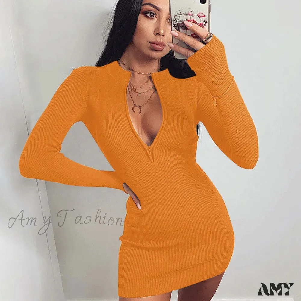 Amy Fashion - Women Winter Fall Bodycon Ribbed Dress