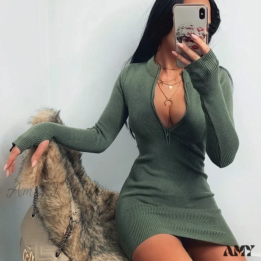 Amy Fashion - Women Winter Fall Bodycon Ribbed Dress