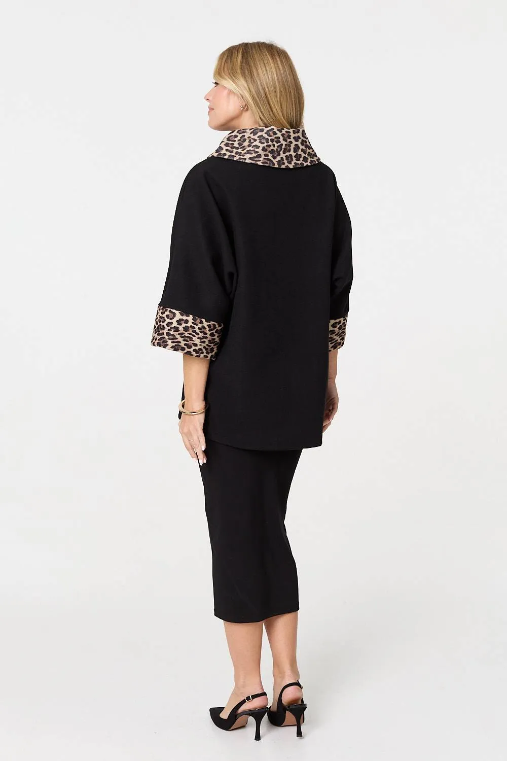 Animal Print Trim 3/4 Sleeve Cape Coat