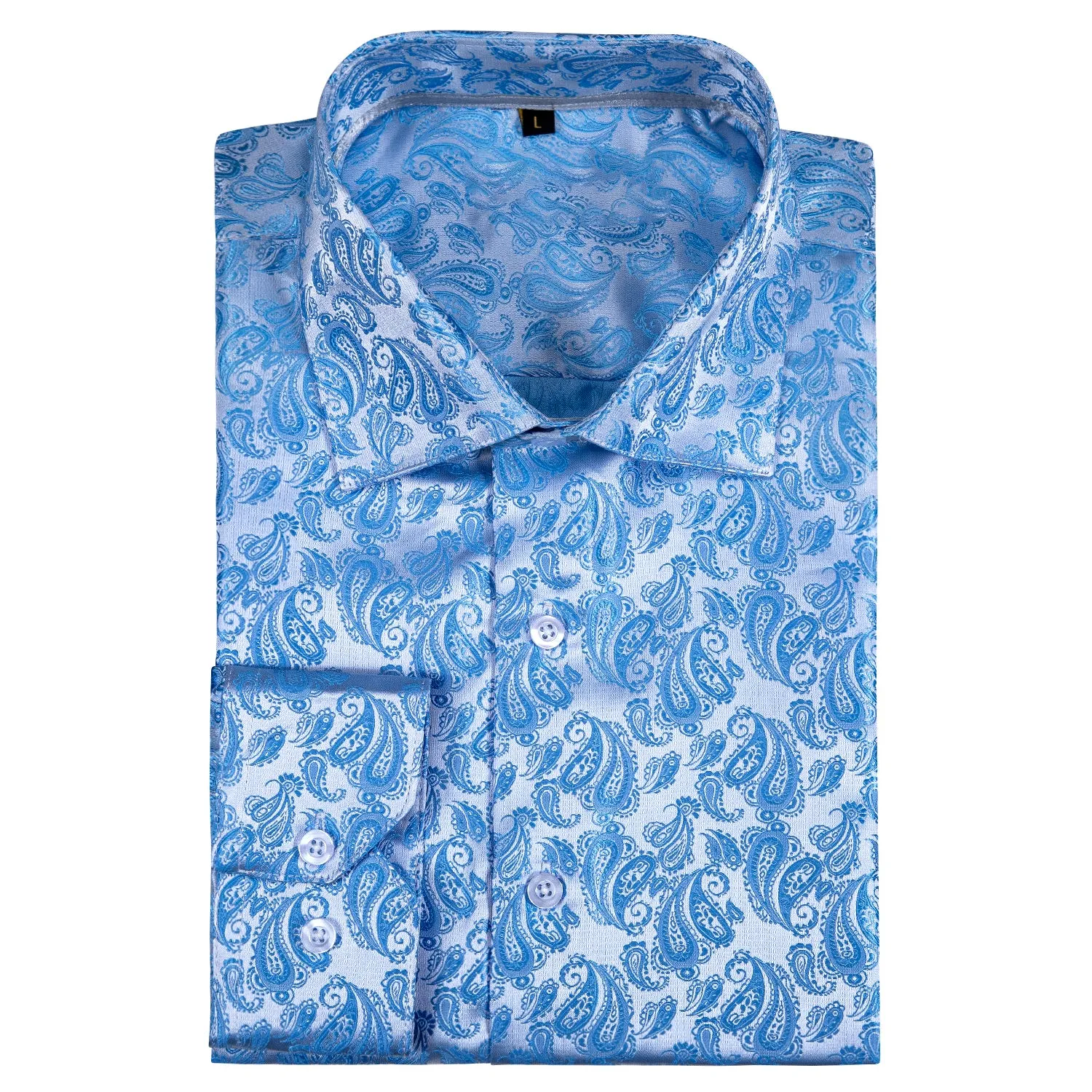 Baby Blue Paisley Style Silk Men's Long Sleeve Shirt