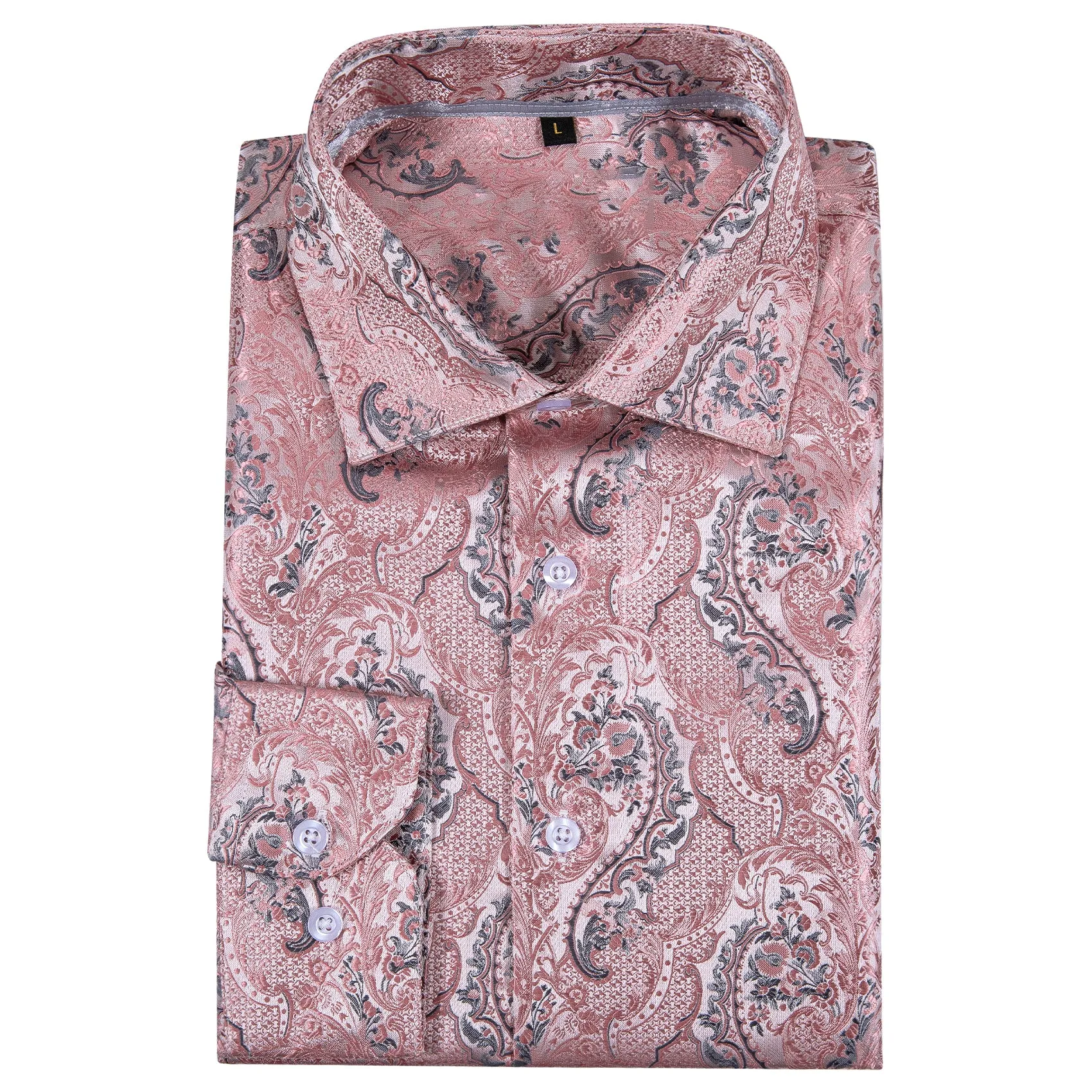 Baby Pink Paisley Style Silk Men's Long Sleeve Shirt