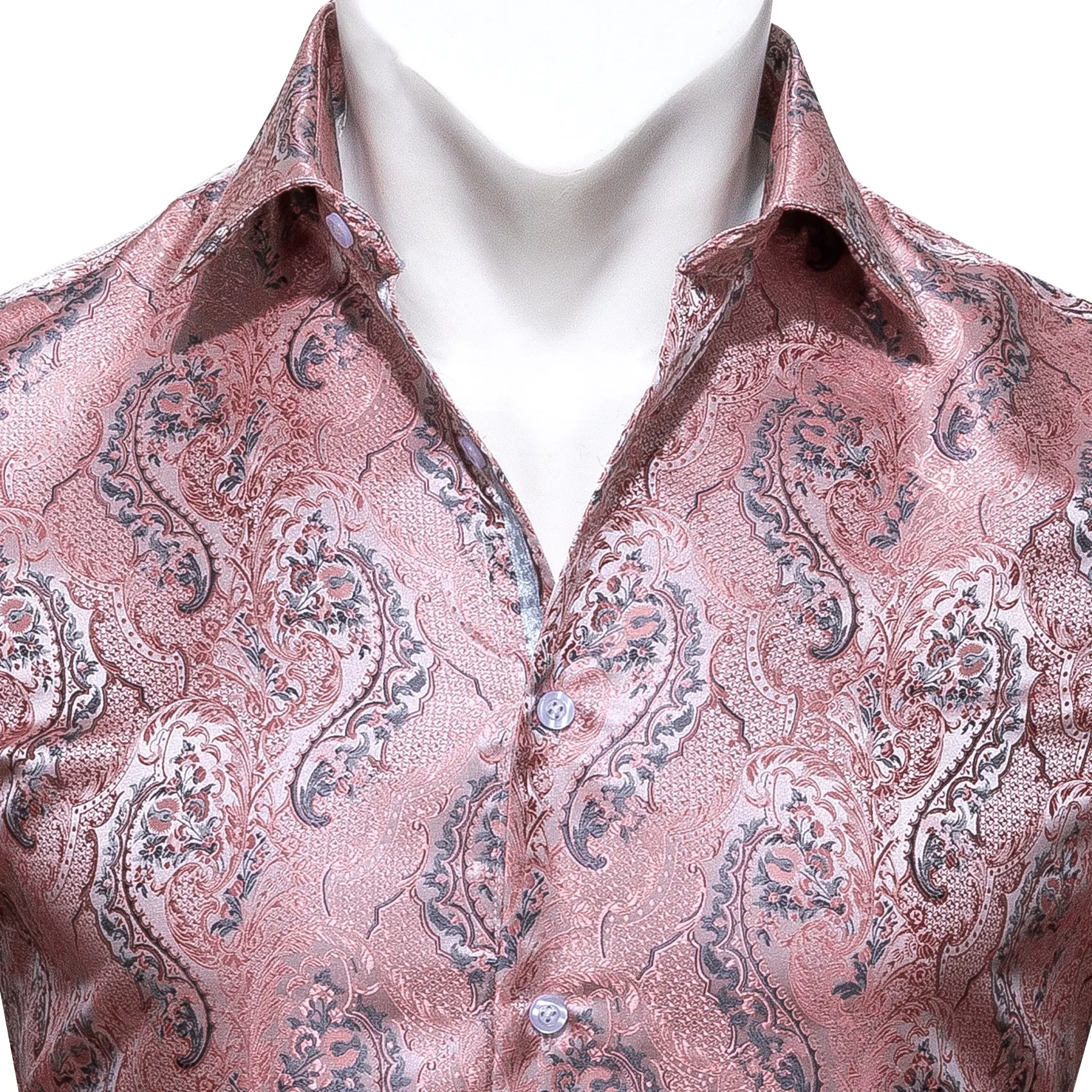 Baby Pink Paisley Style Silk Men's Long Sleeve Shirt