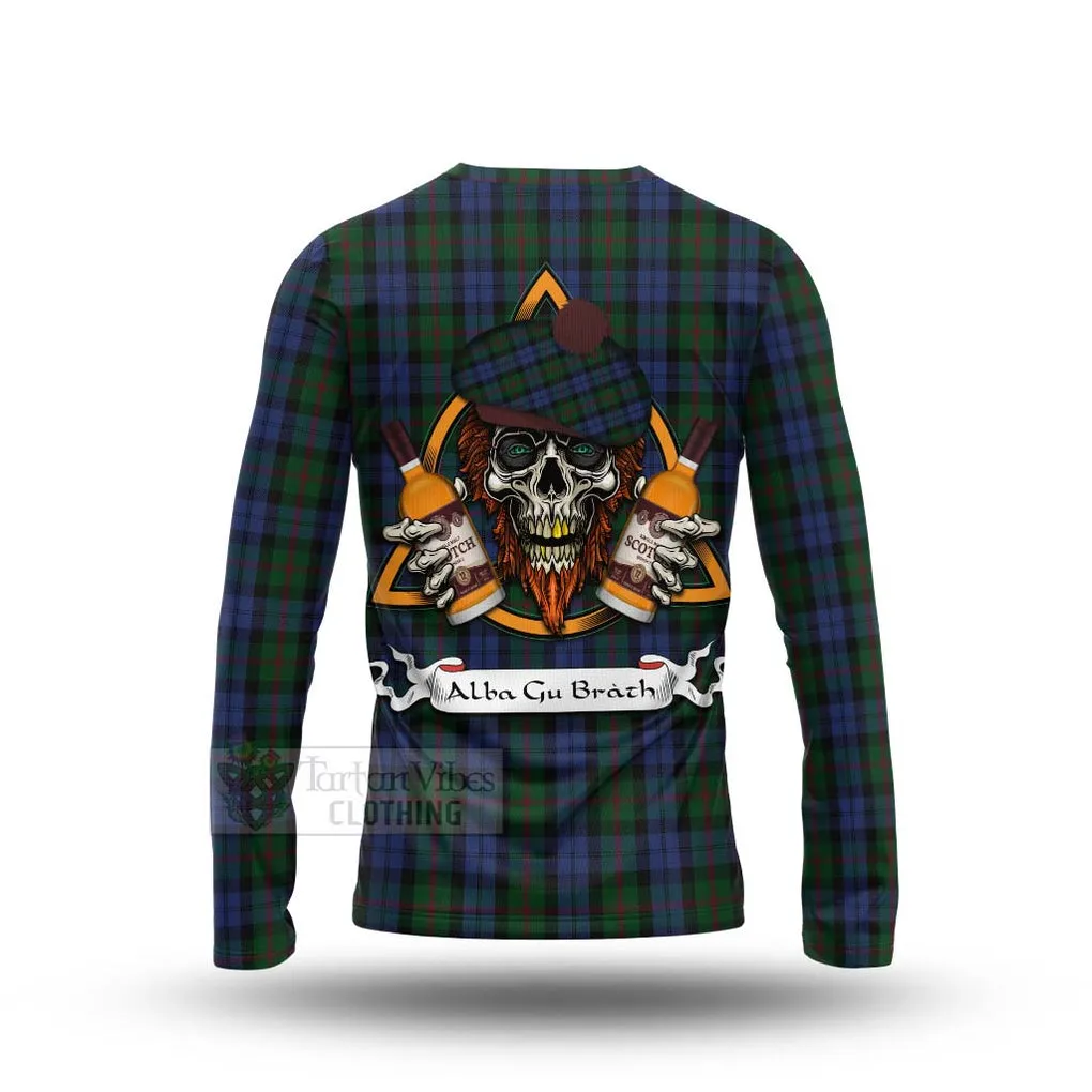 Baird Tartan Long Sleeve T-Shirt with Family Crest and Bearded Skull Holding Bottles of Whiskey