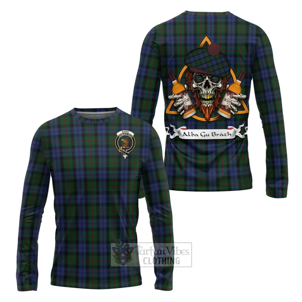 Baird Tartan Long Sleeve T-Shirt with Family Crest and Bearded Skull Holding Bottles of Whiskey