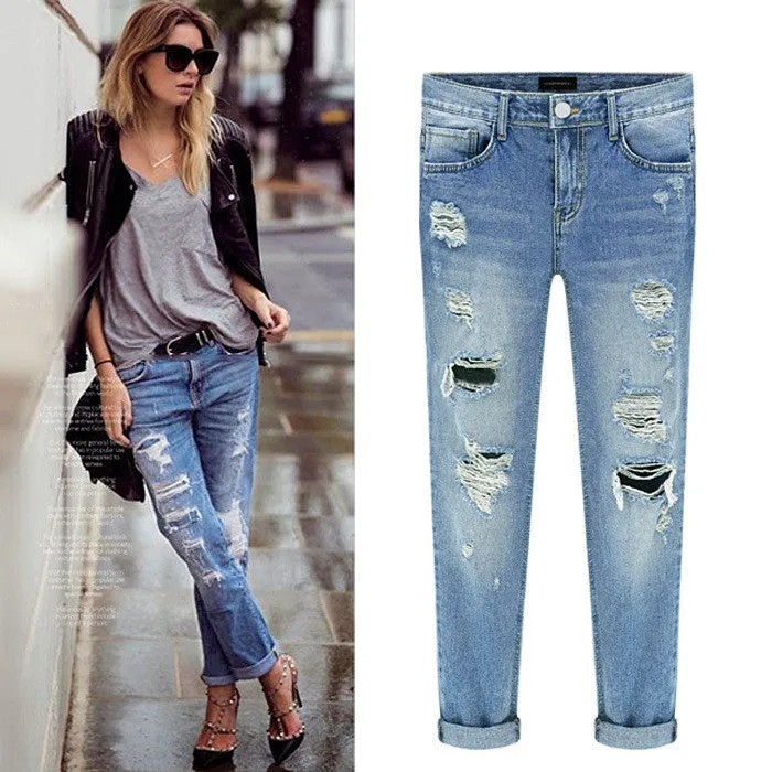 Beggar Style Holes Ripped Frayed Loose Long Jeans