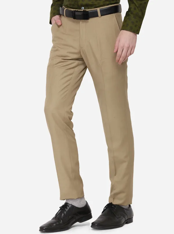 Beige Solid Super Slim Fit Formal Trouser | Greenfibre