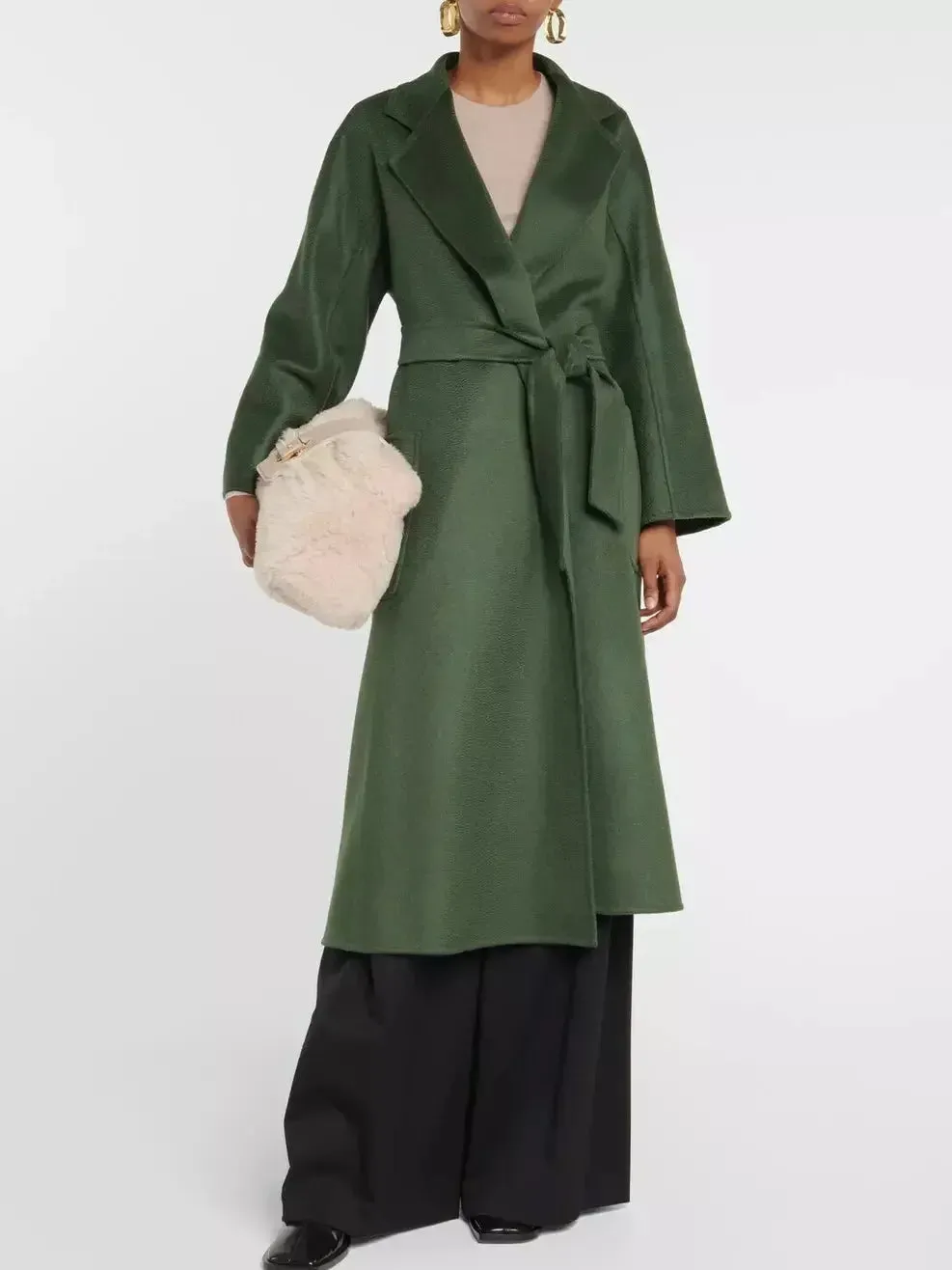 Belted Cashmere and Wool Coat in Dark Green