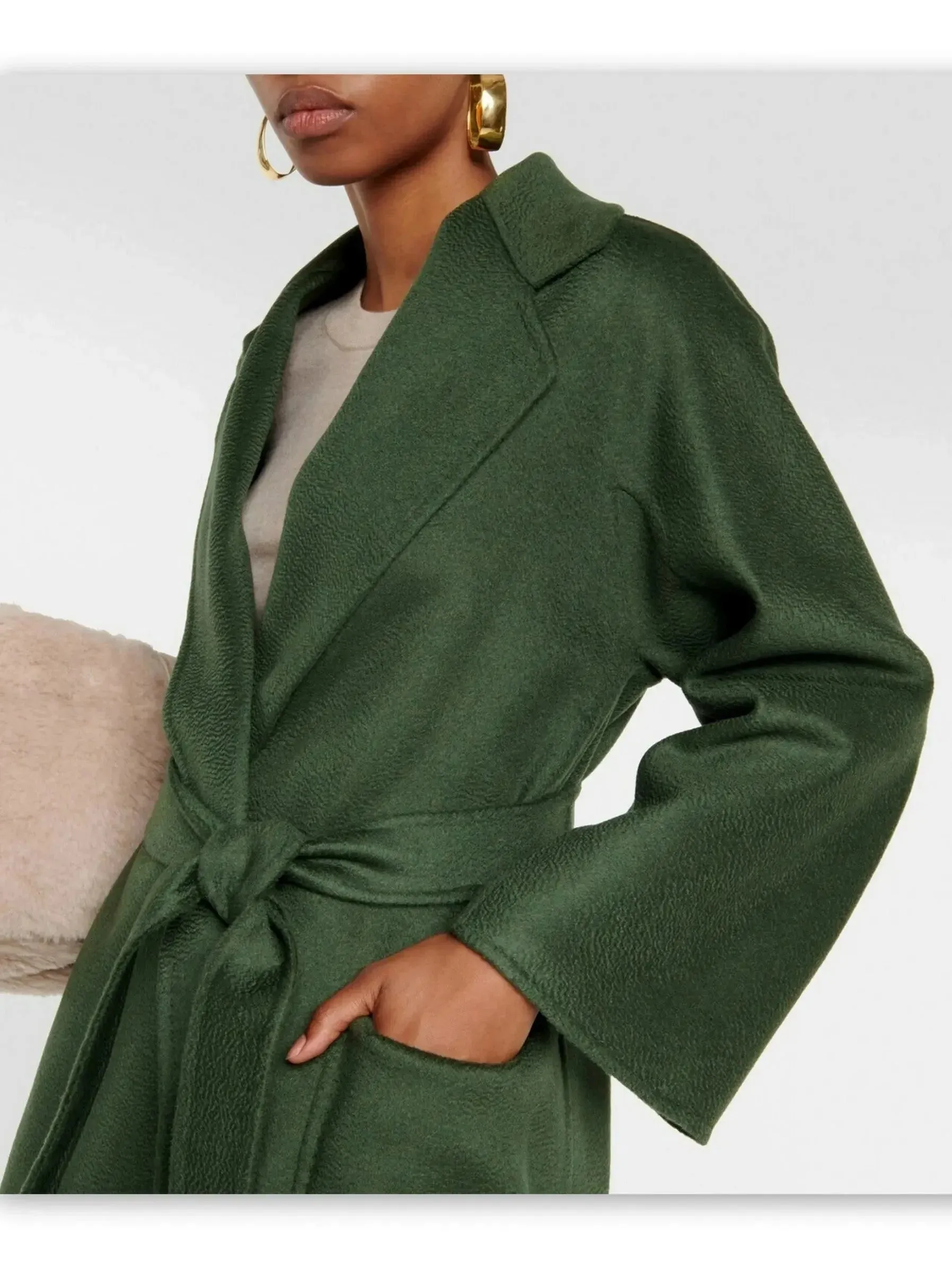 Belted Cashmere and Wool Coat in Dark Green