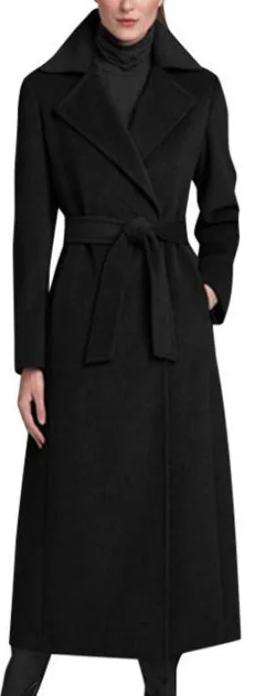 Belted Long Black Wool Wrap Coat