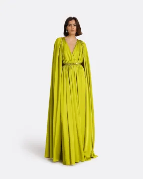 Bianca Chartreuse Long Dress With Embroidered Belt