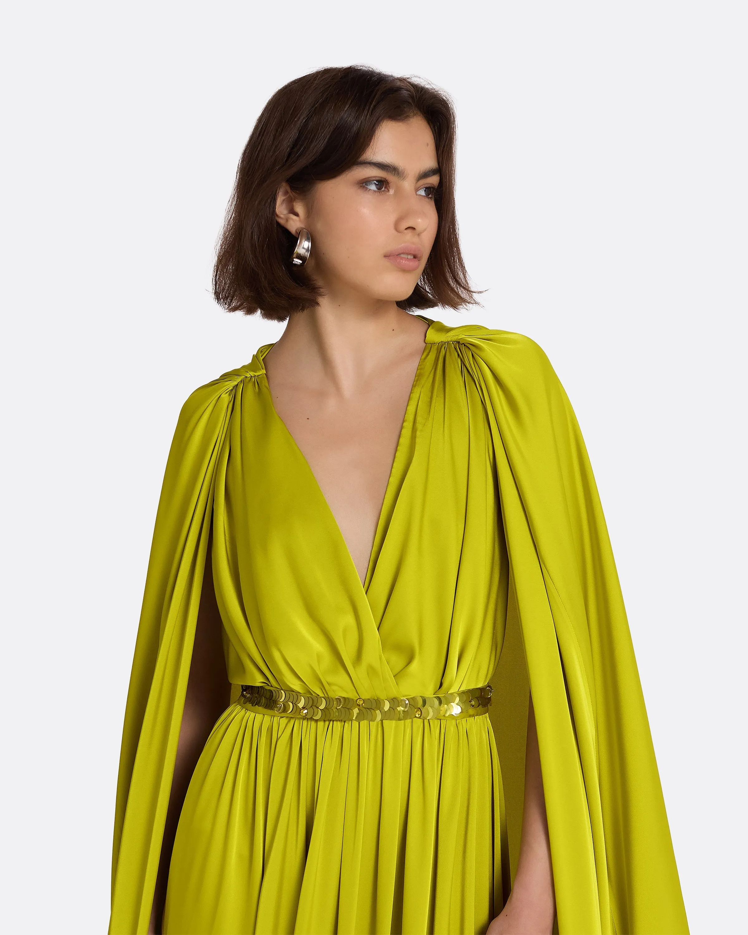 Bianca Chartreuse Long Dress With Embroidered Belt